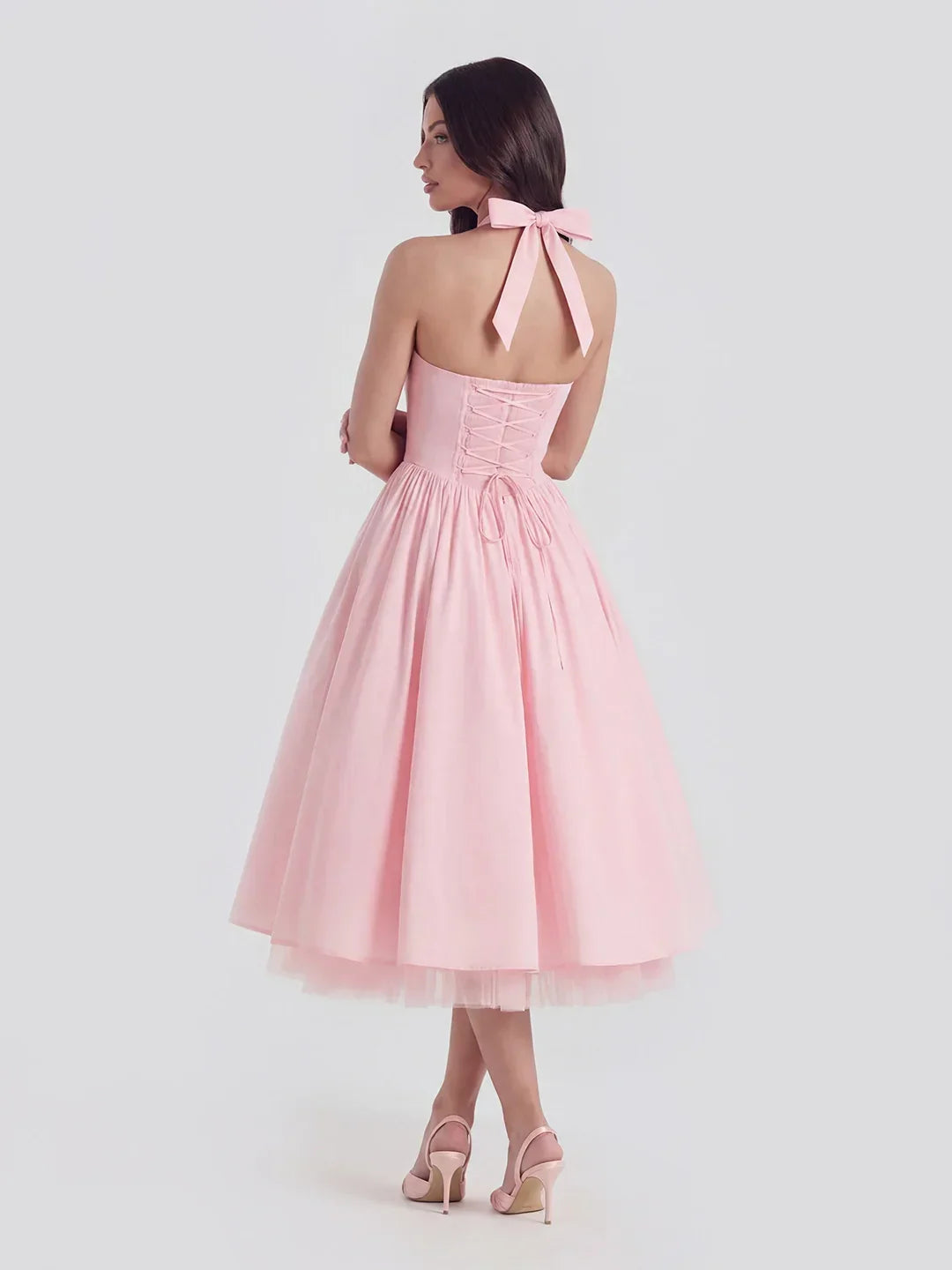Lace-Up Halter Midi With Exposed Tulle Hem