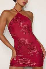 Celyna Burgundy Mesh Floral Applique Mini Dress