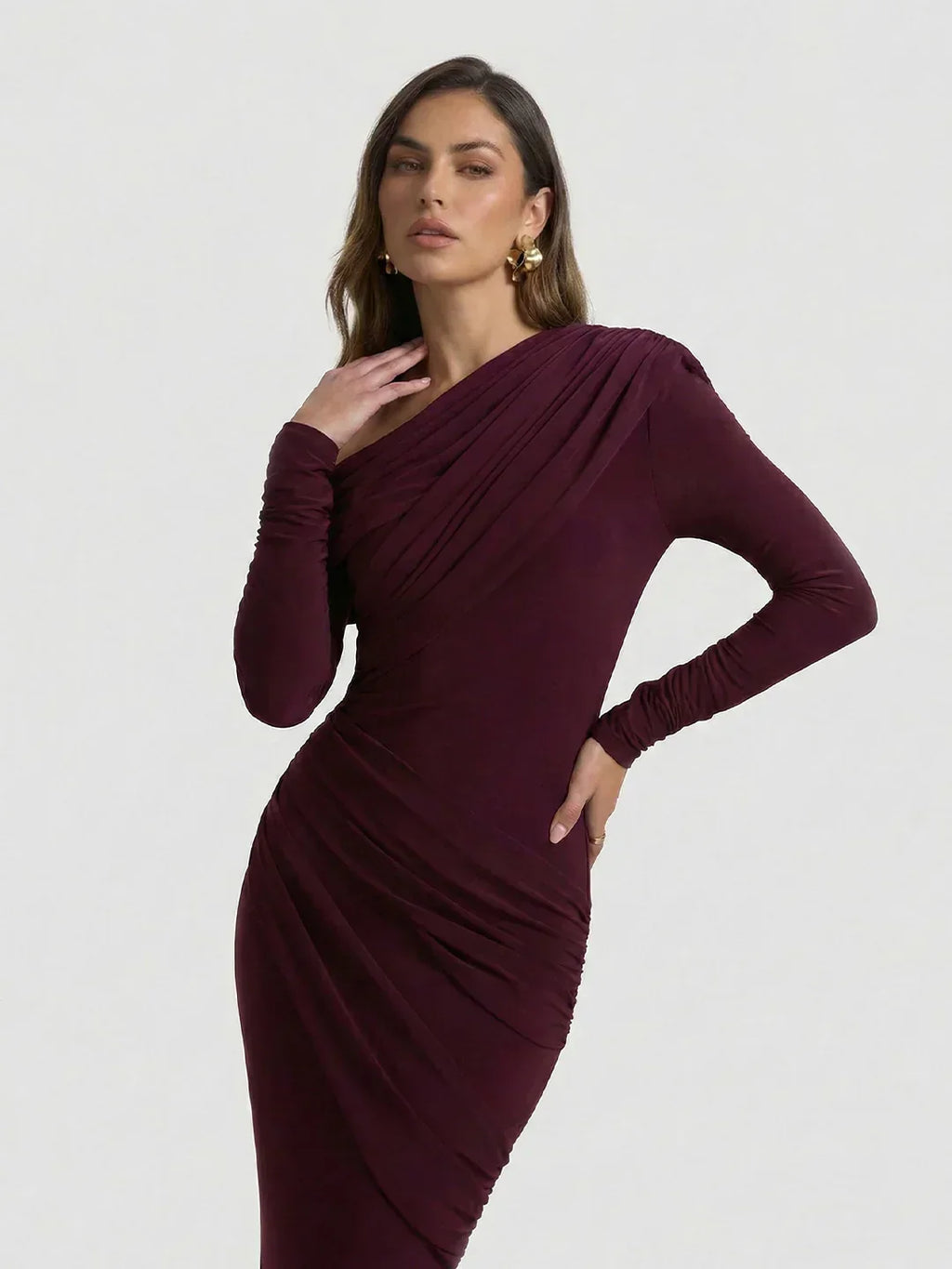 Asymmetric-Neck Maxi Dress With Ruched Detailing