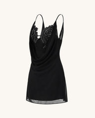 Flower Embroidered Cowl Neck Mini Dress - Black