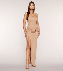 Mirella Glitter Knit Front Slit Formal Dress