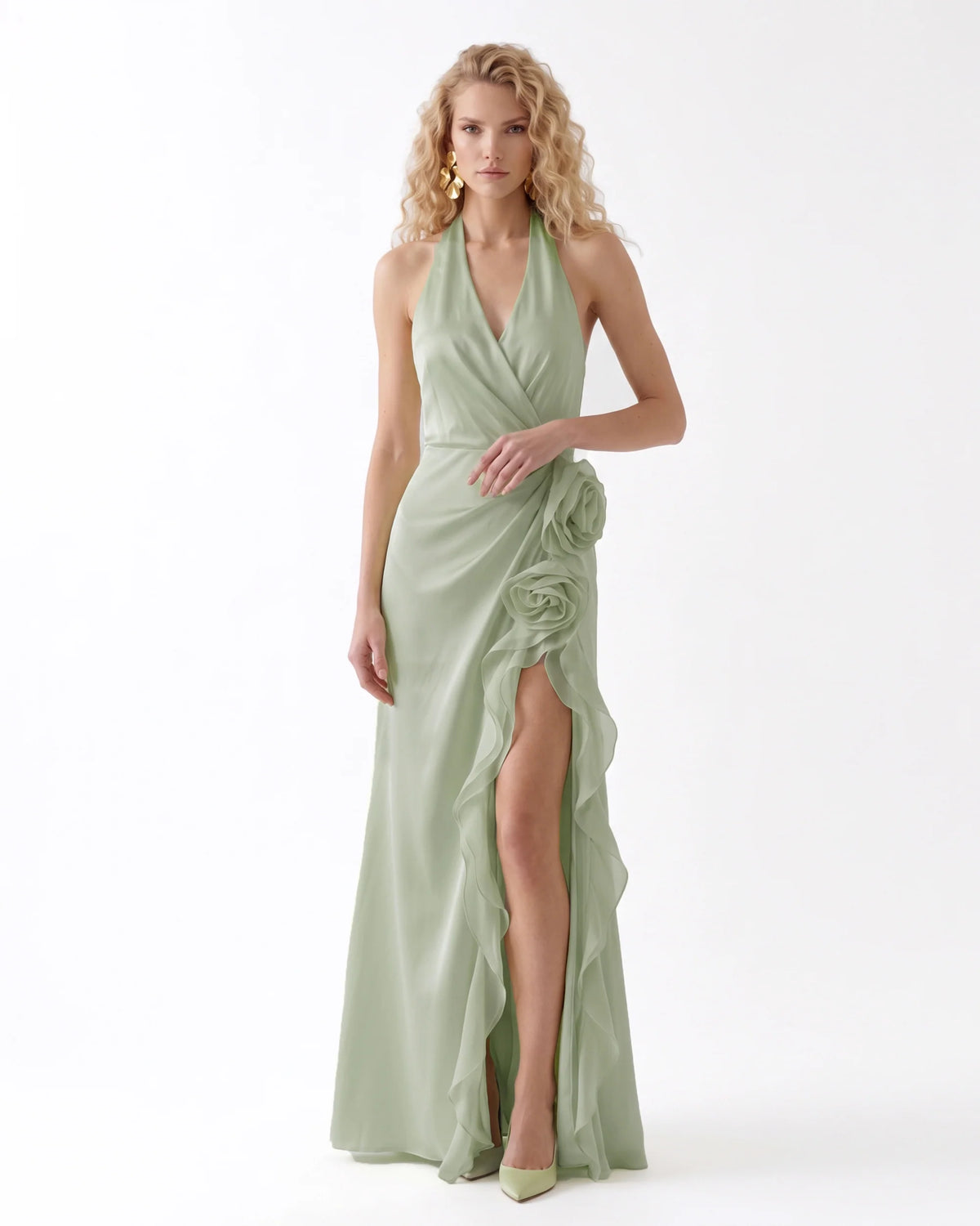 Halter Draped Rosette Slit Maxi Dress - Light Green