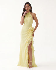 Halter Ruffle Rosette Slit Maxi Dress - Light Yellow