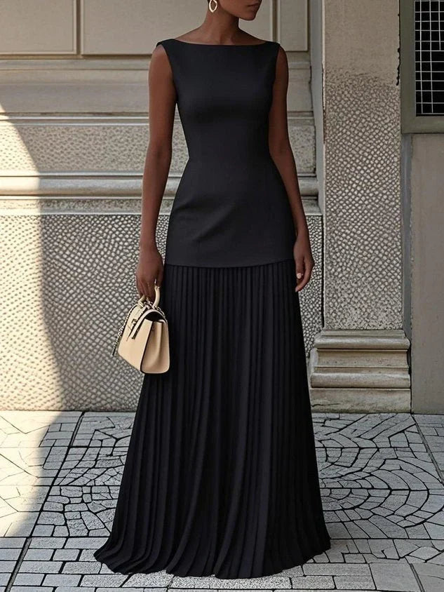 Livette - Boat Neck Pleated Maxi Dress