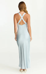 Khalani Midi Dress - Deep V Neck Satin Slip Dress in Pale Blue