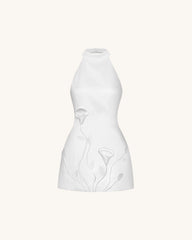 3D Floral Halter Mini Dress - White