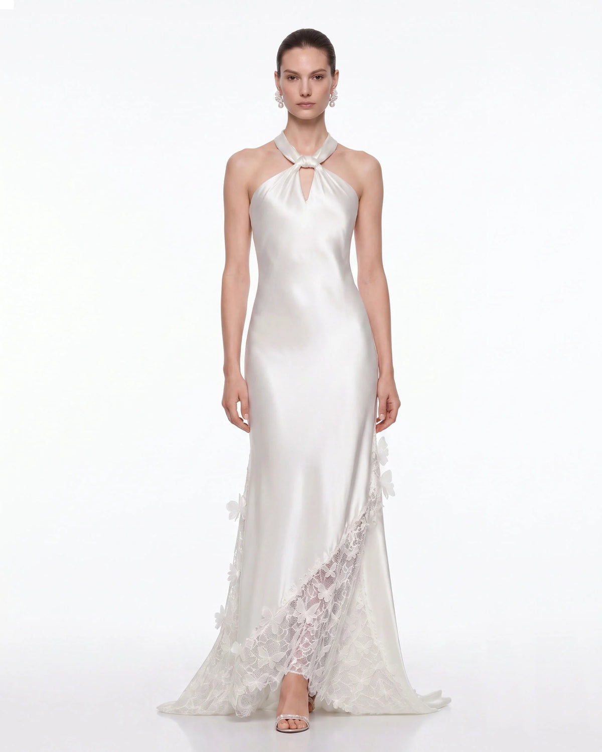 Lace Panel Halter Satin Maxi Dress - White