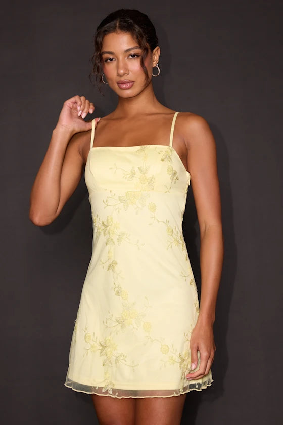 Sandia Butter Yellow Embroidered Sleeveless Mini Dress