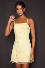 Sandia Butter Yellow Embroidered Sleeveless Mini Dress