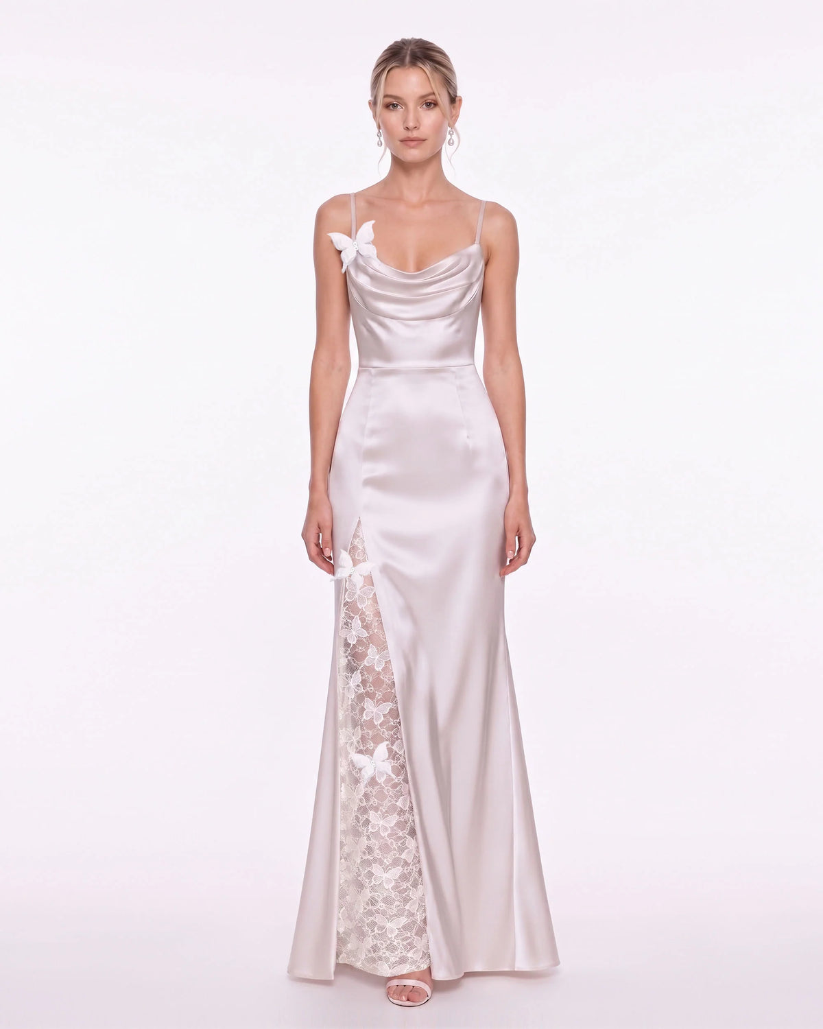 Butterfly Lace Panel Satin Cowl Maxi Dress - Ivory