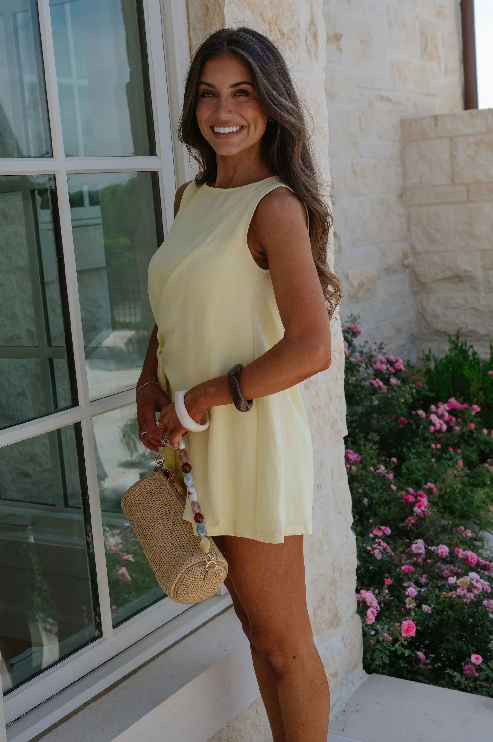 Boat Neck Side Tie Mini Dress-Butter Yellow