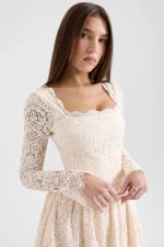 Cream Lace Long Sleeve Mini Dress