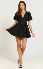 Nelli Mini Dress - Short Puff Sleeve Shirred Back Dress in Black