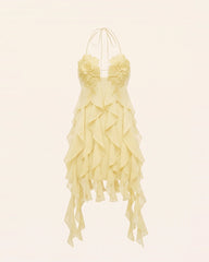 Flower Embroidered Halter Asymmetric Ruffle Mini Dress - Butter Cream
