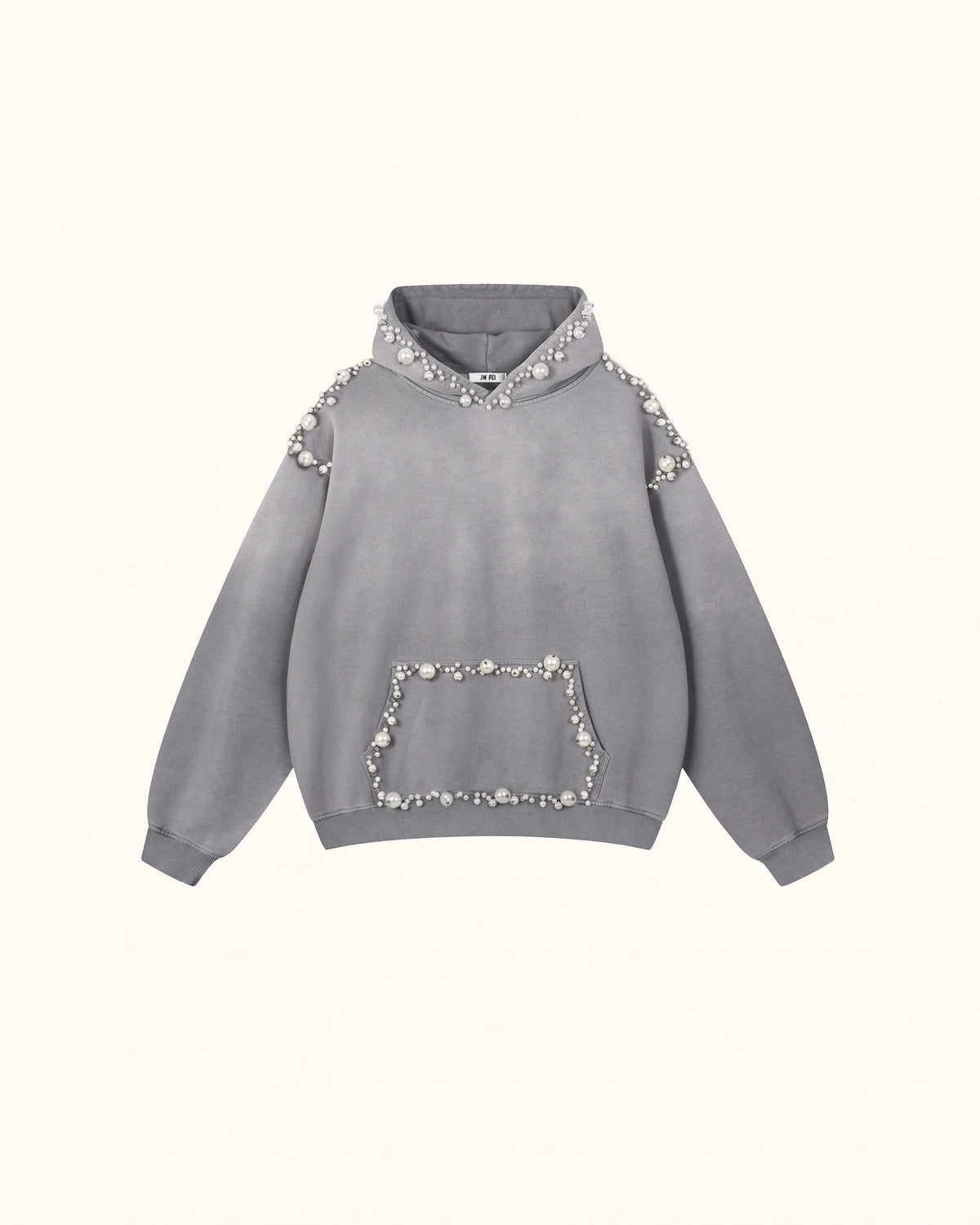 The Opulent Off-White Pearl Trim Hoodie - Washed Grey