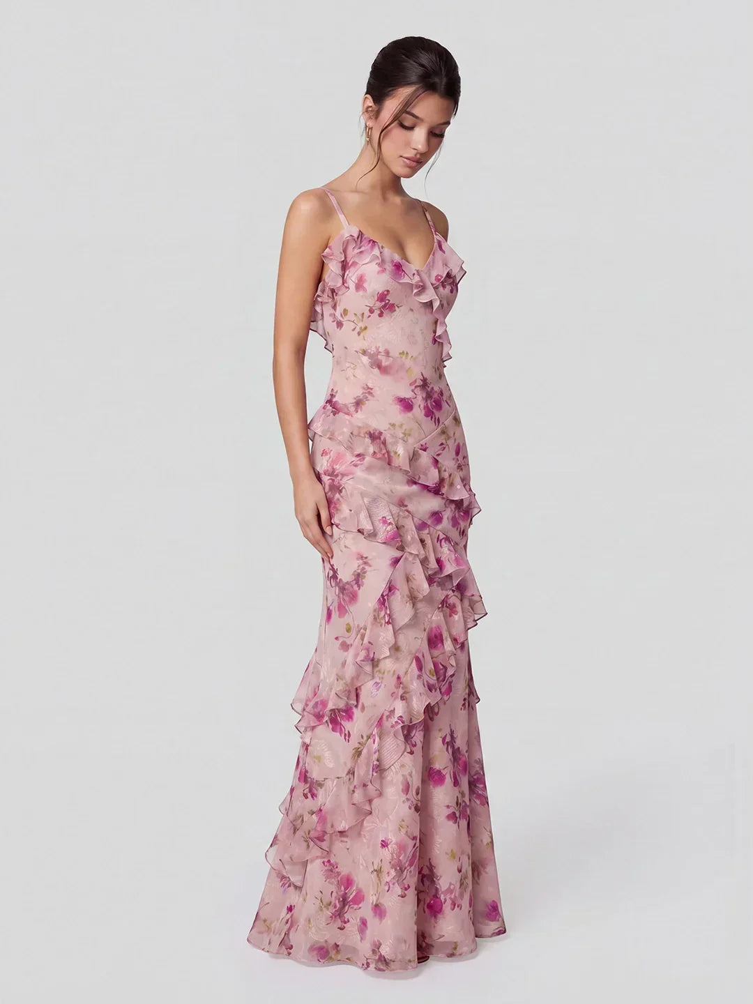 Floral Lace V-Neck Open Back Mermaid Prom Dress