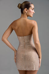Embellished Halterneck A-Line Mini Dress in Almond
