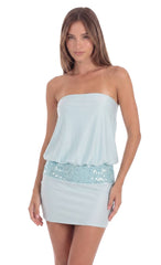 Sequin Blouson Strapless Mini Dress in Aqua