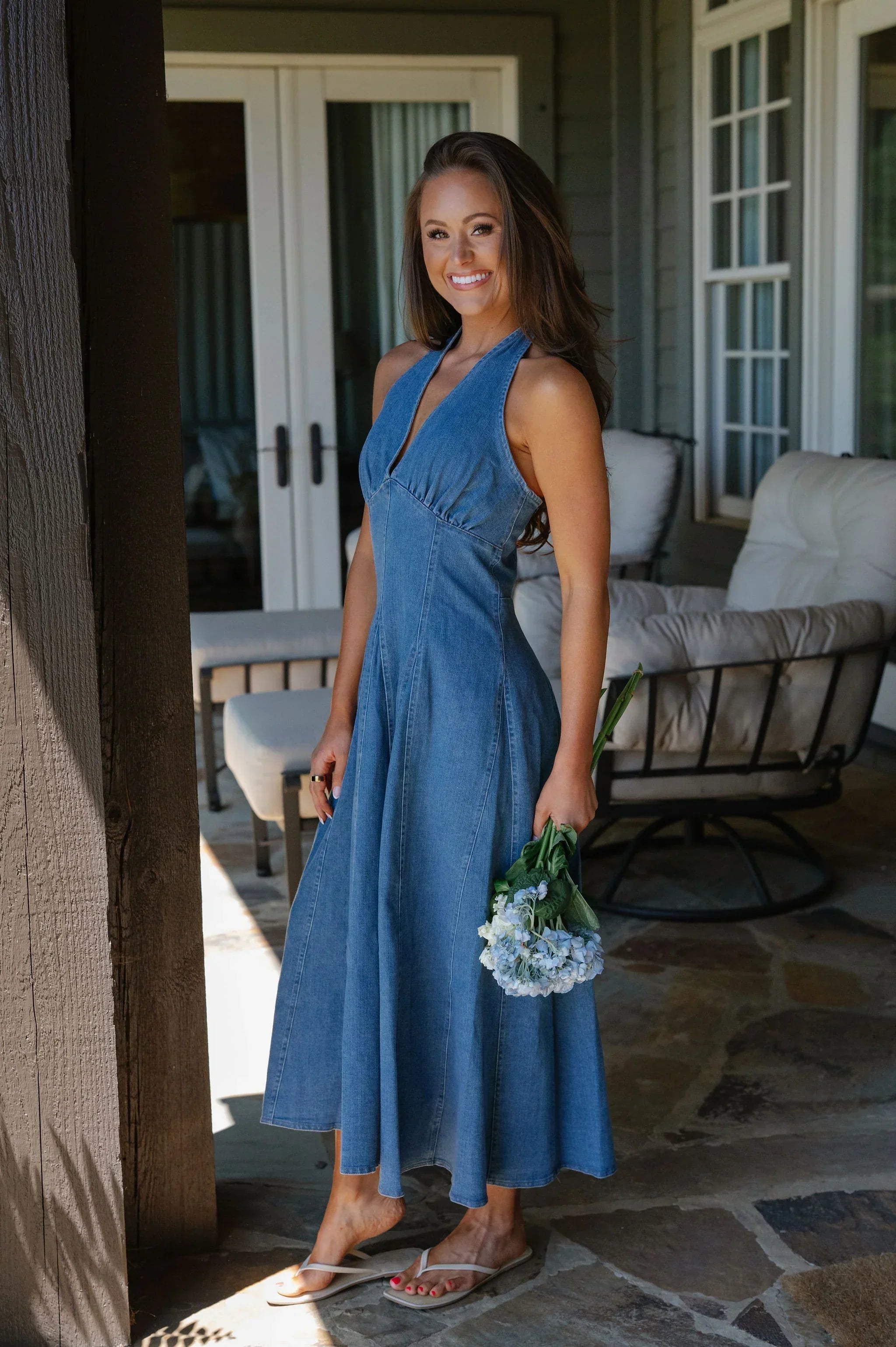 Delaney Halter Denim Midi Dress