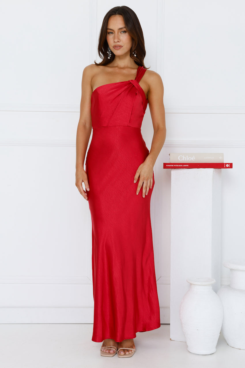 Graceful Elegance One Shoulder Satin Maxi Dress Red