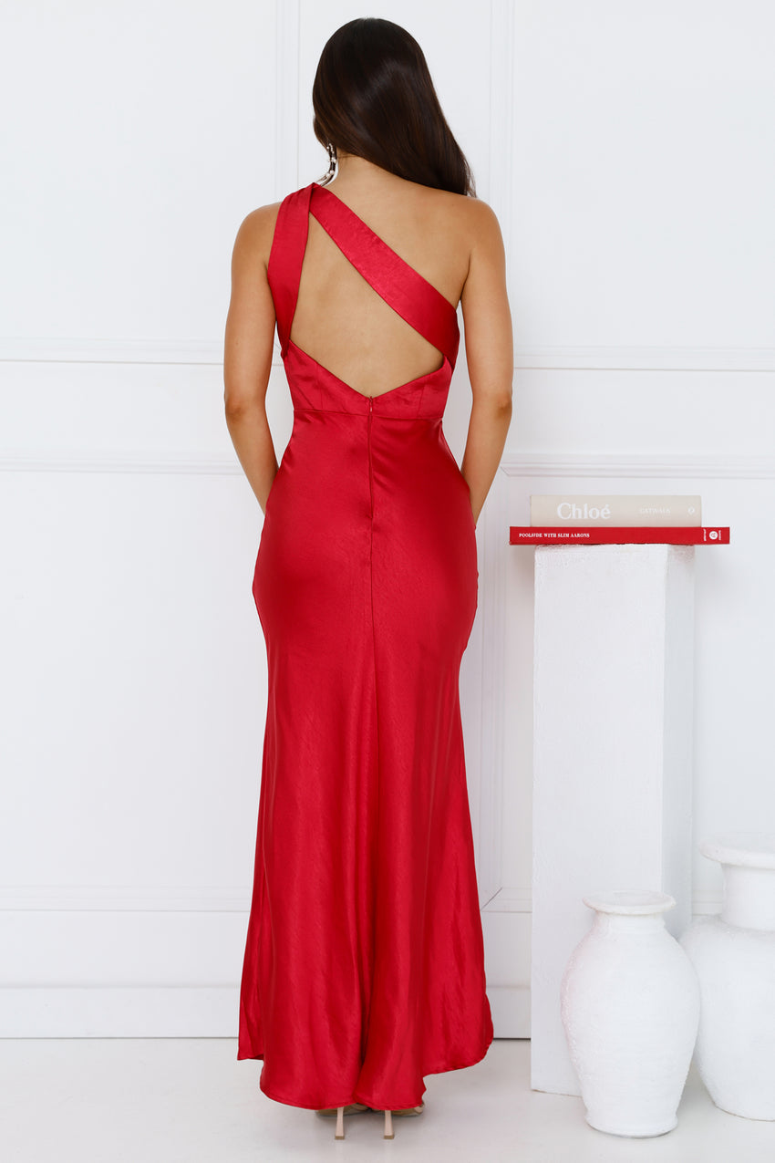 Graceful Elegance One Shoulder Satin Maxi Dress Red