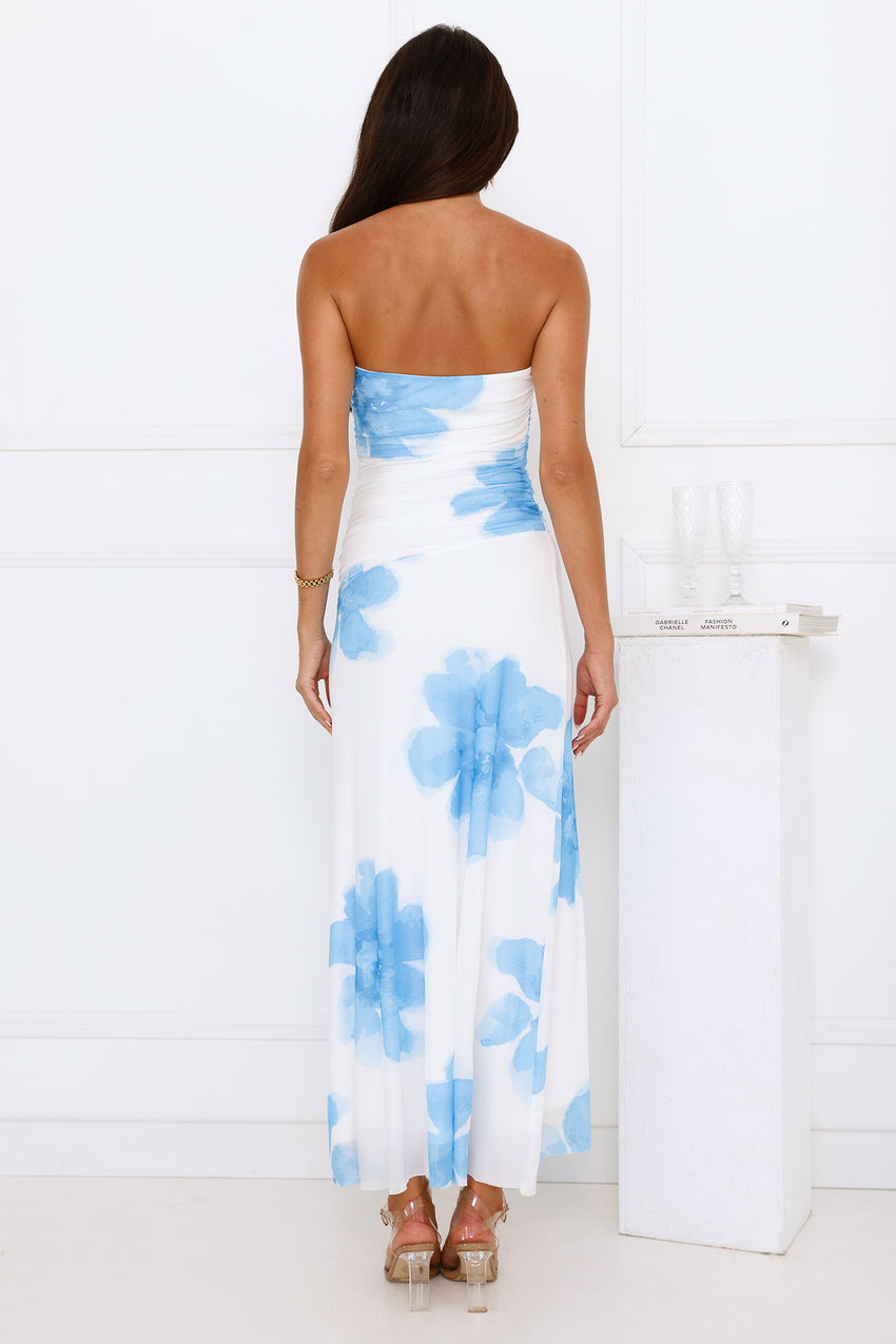 Designer Dream Strapless Mesh Maxi Dress Blue