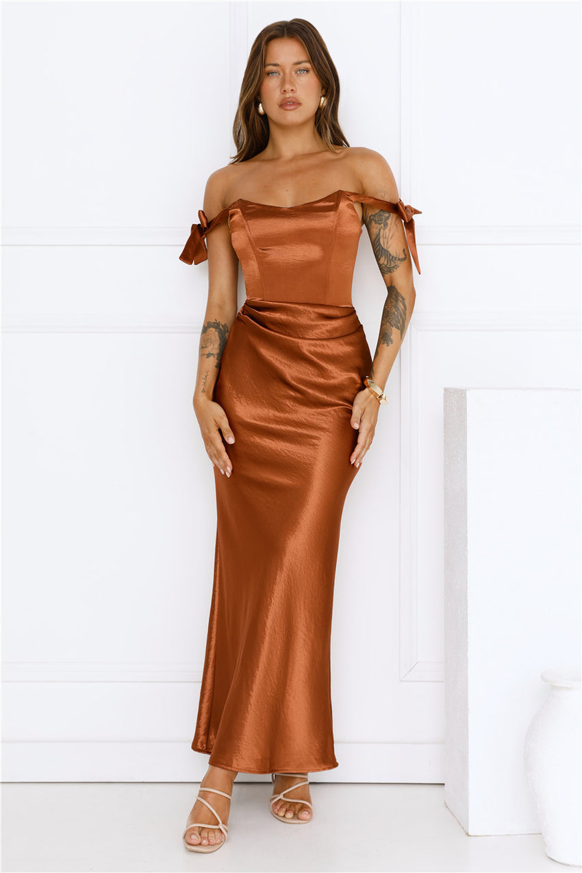 Midnight Grace Satin Maxi Dress Brown