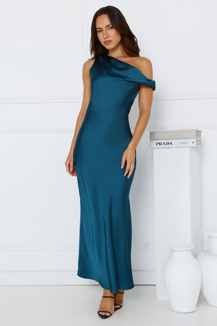 Limitless Girl Satin Off Shoulder Maxi Dress Teal