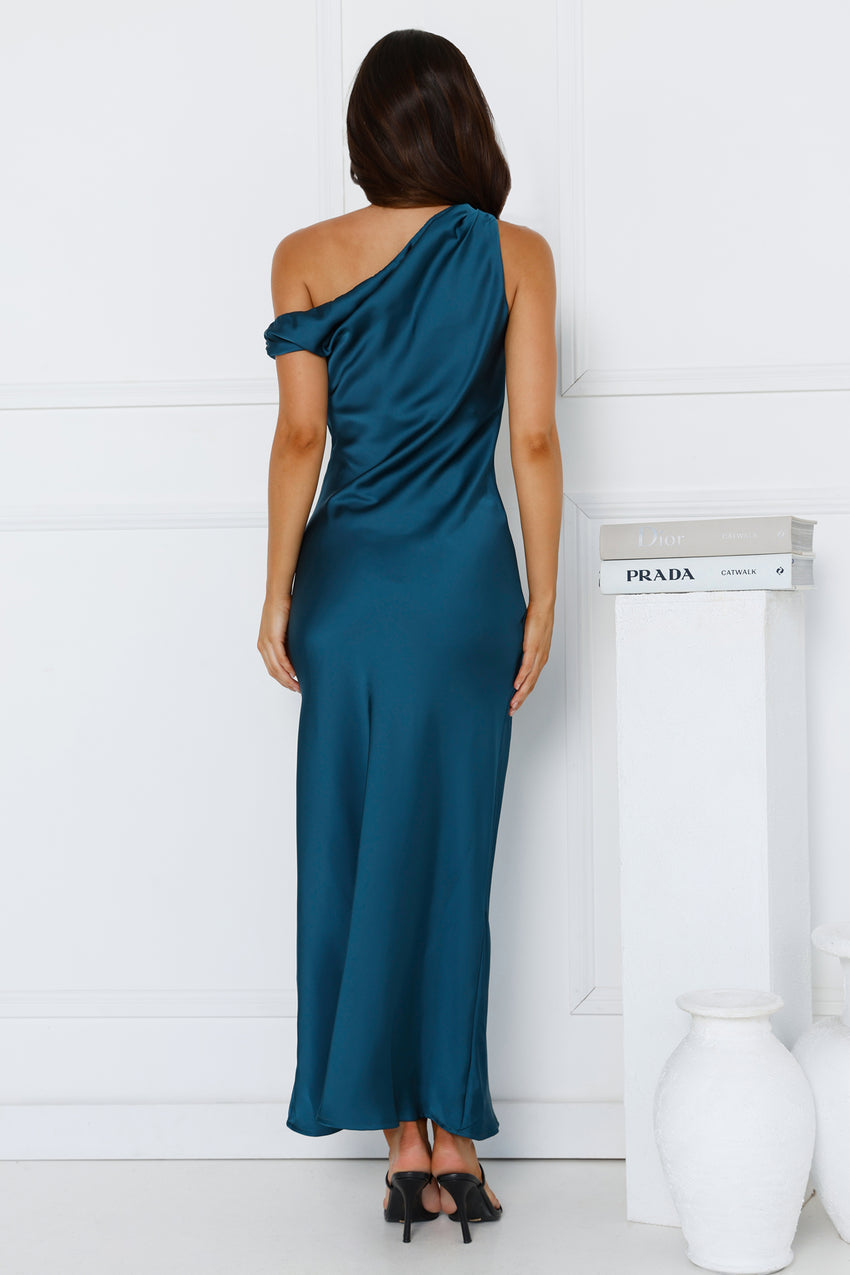 Limitless Girl Satin Off Shoulder Maxi Dress Teal