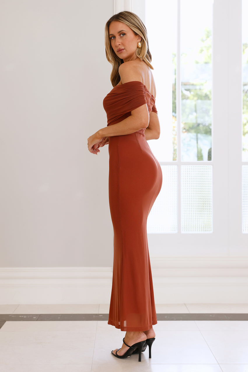 Invited Off Shoulder Mesh Maxi Dress Brown