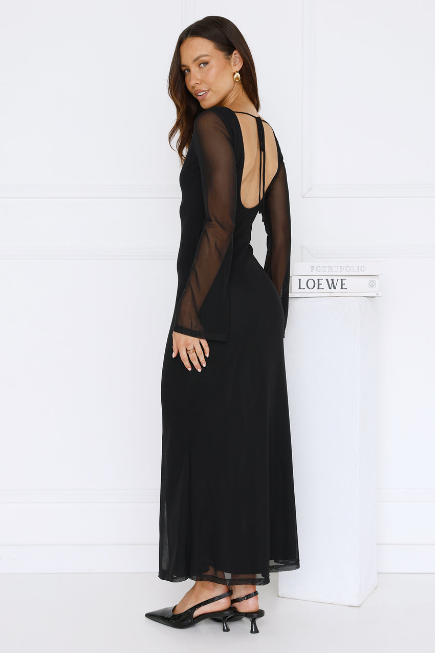 Golden Flower Mesh Long Sleeve Maxi Dress Black