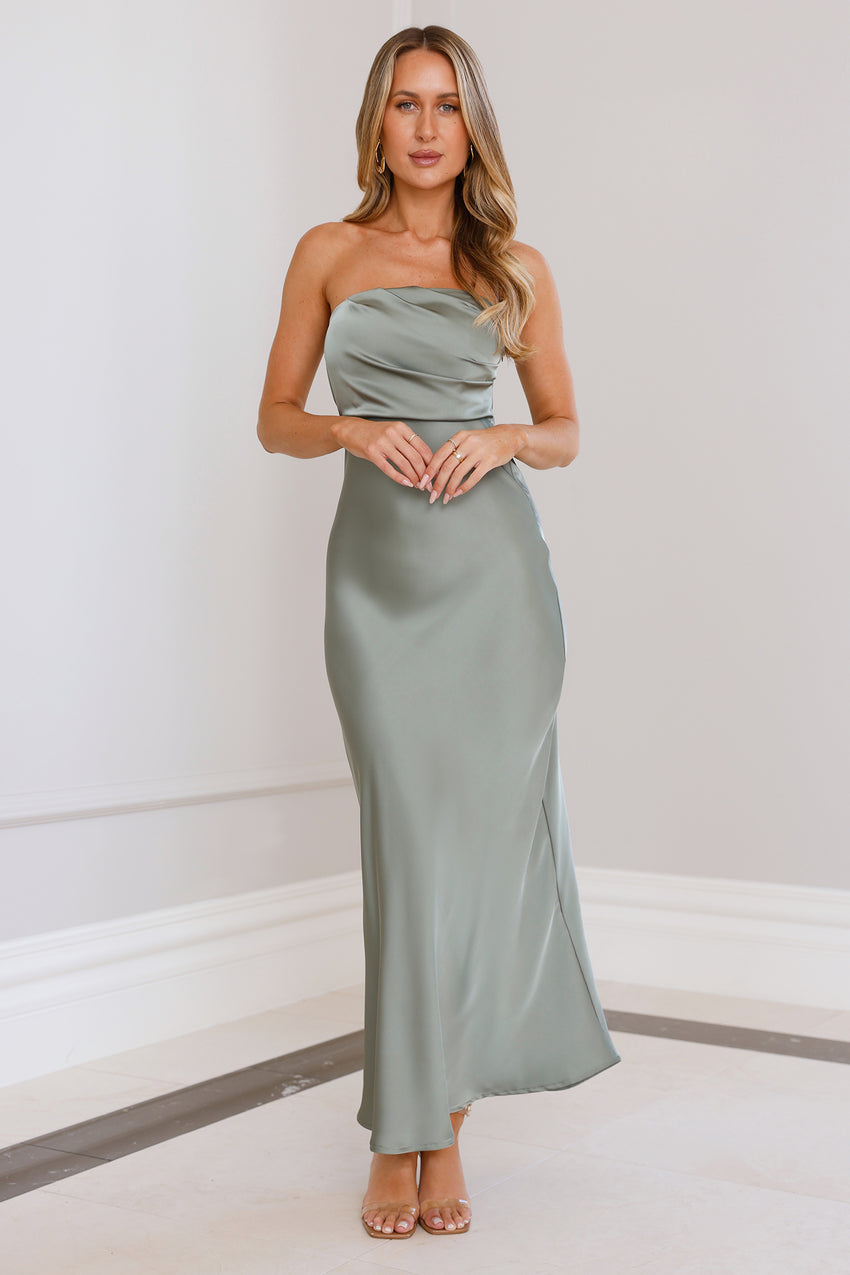 Moonlit Whimsy Satin Strapless Maxi Dress Sage