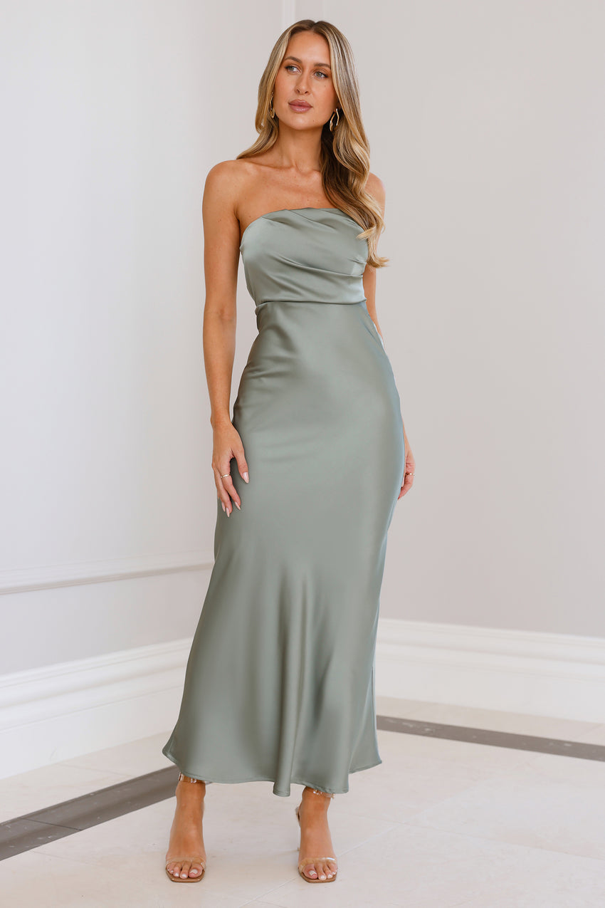 Moonlit Whimsy Satin Strapless Maxi Dress Sage