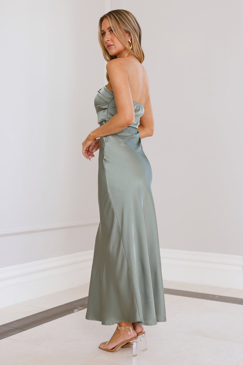 Moonlit Whimsy Satin Strapless Maxi Dress Sage