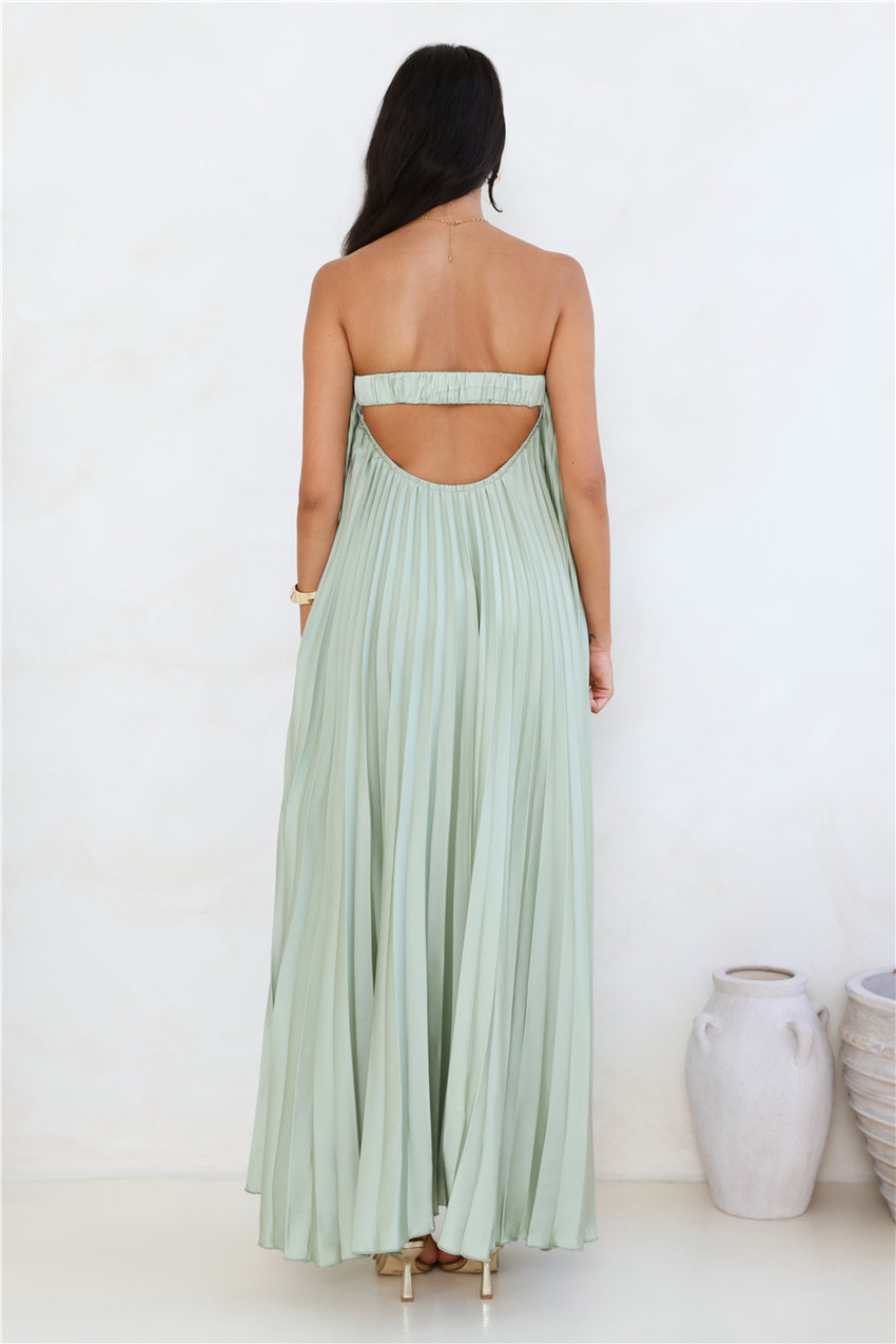 Moonlit Sea Pleated Strapless Maxi Dress Sage