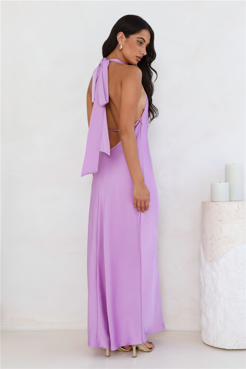 Delicate Dazzle Halter Satin Maxi Dress Purple
