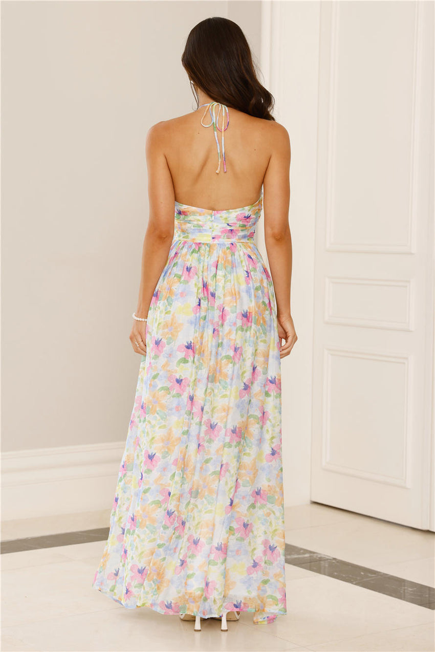 Hibiscus Hues Halter Maxi Dress Print