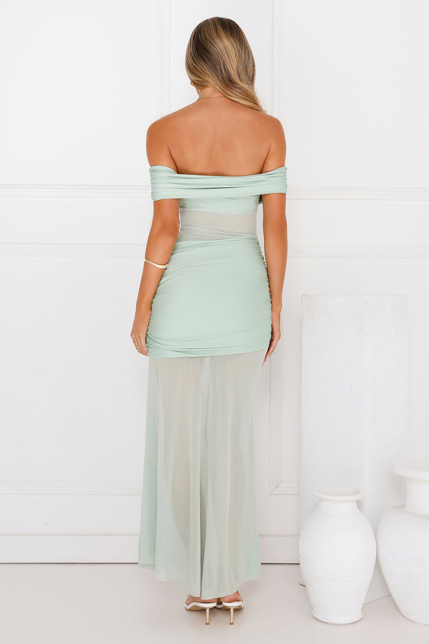Dewdrop Dream Off Shoulder Mesh Maxi Dress Sage