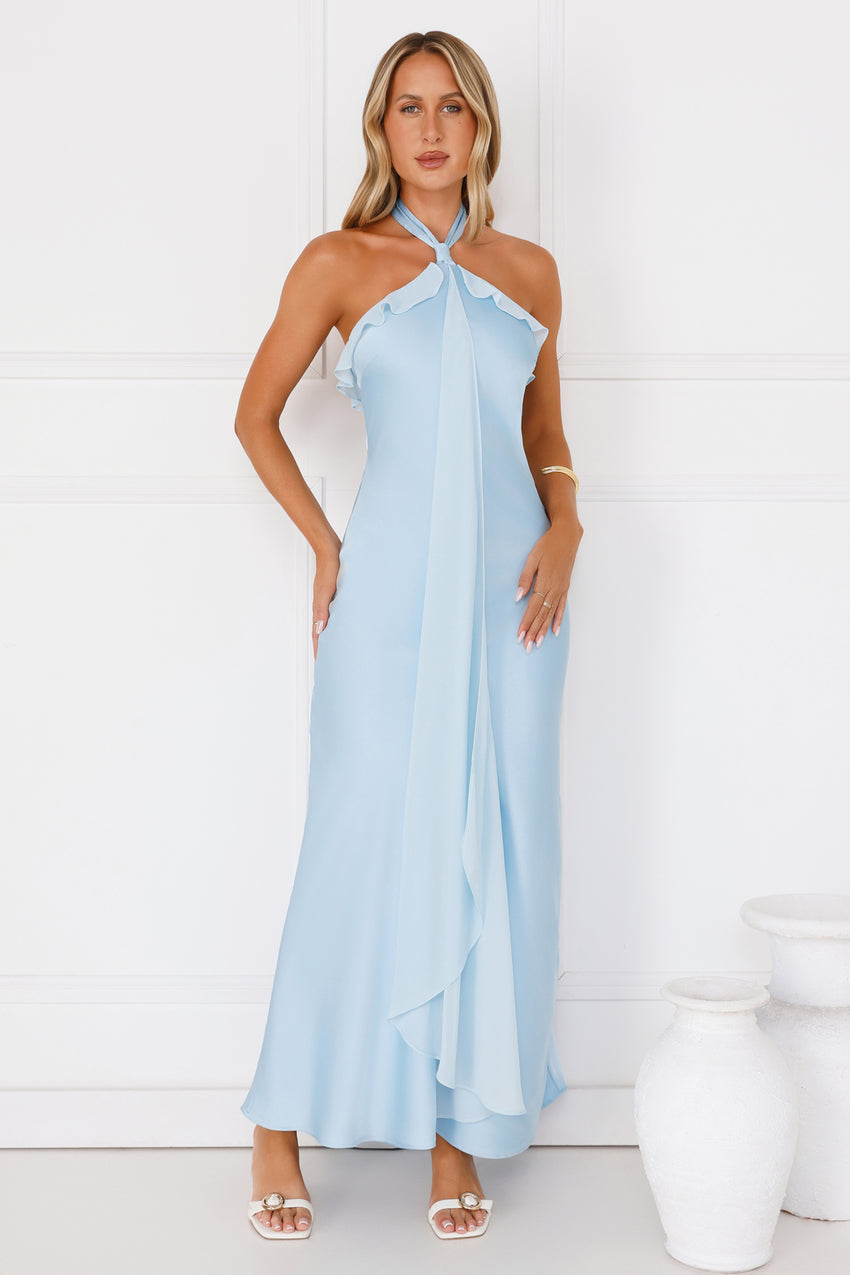 Luxora Lady Halter Satin Maxi Dress Blue