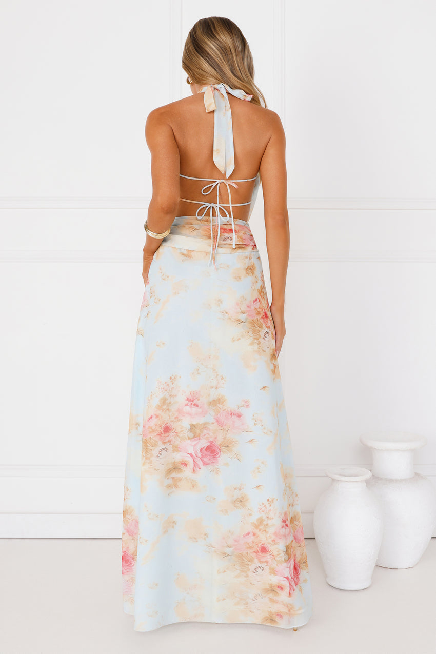 Dreamy Petals Halter Maxi Dress Blue