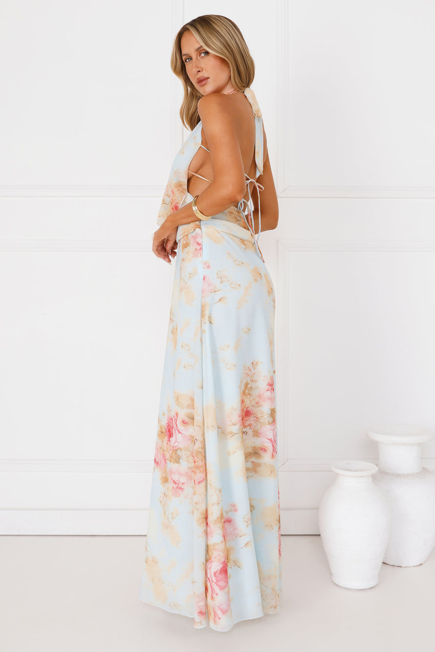 Dreamy Petals Halter Maxi Dress Blue