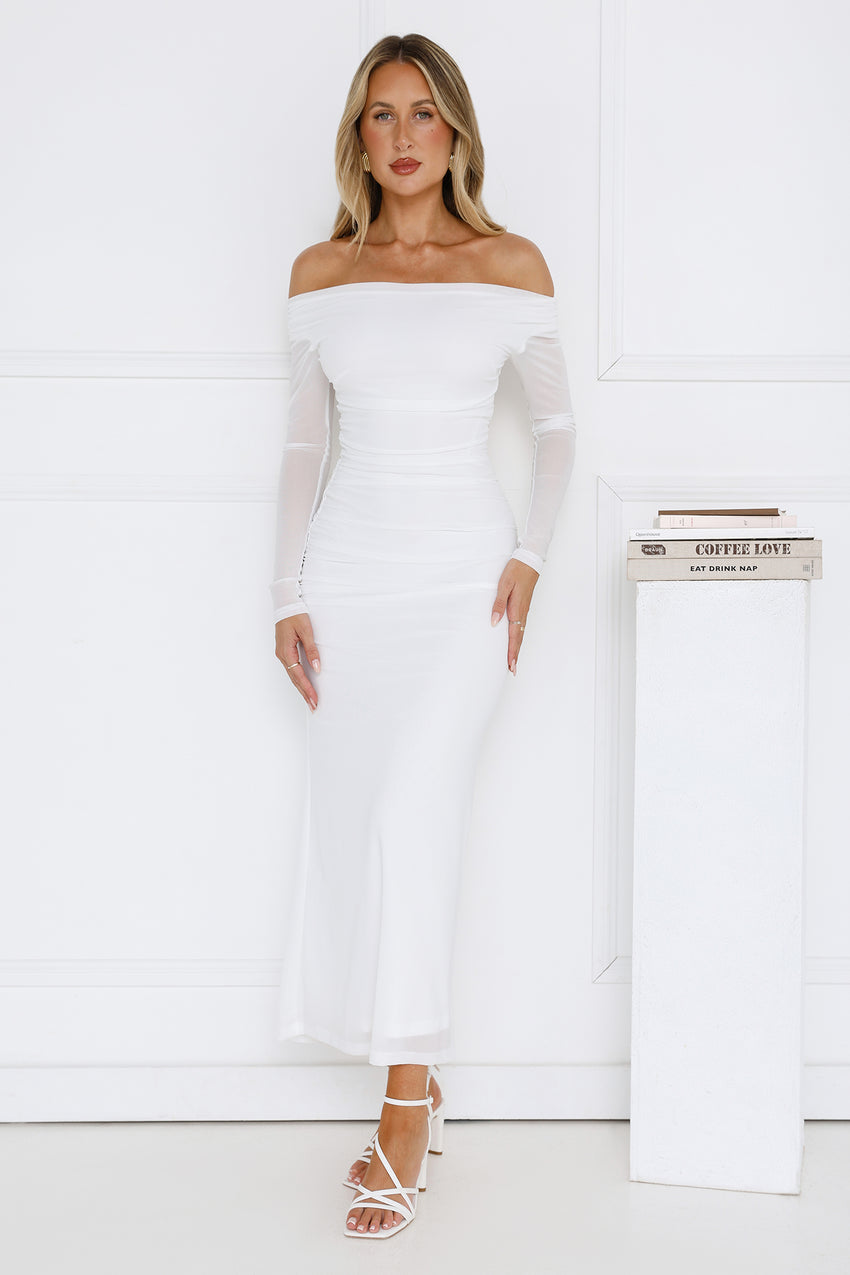 Curve Embrace Off Shoulder Mesh Maxi Dress White