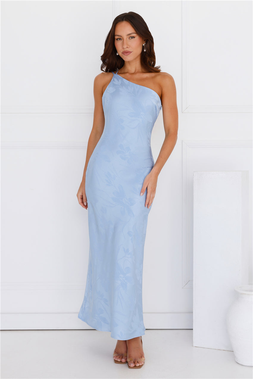 Exotic Bloom One Shoulder Satin Maxi Dress Blue