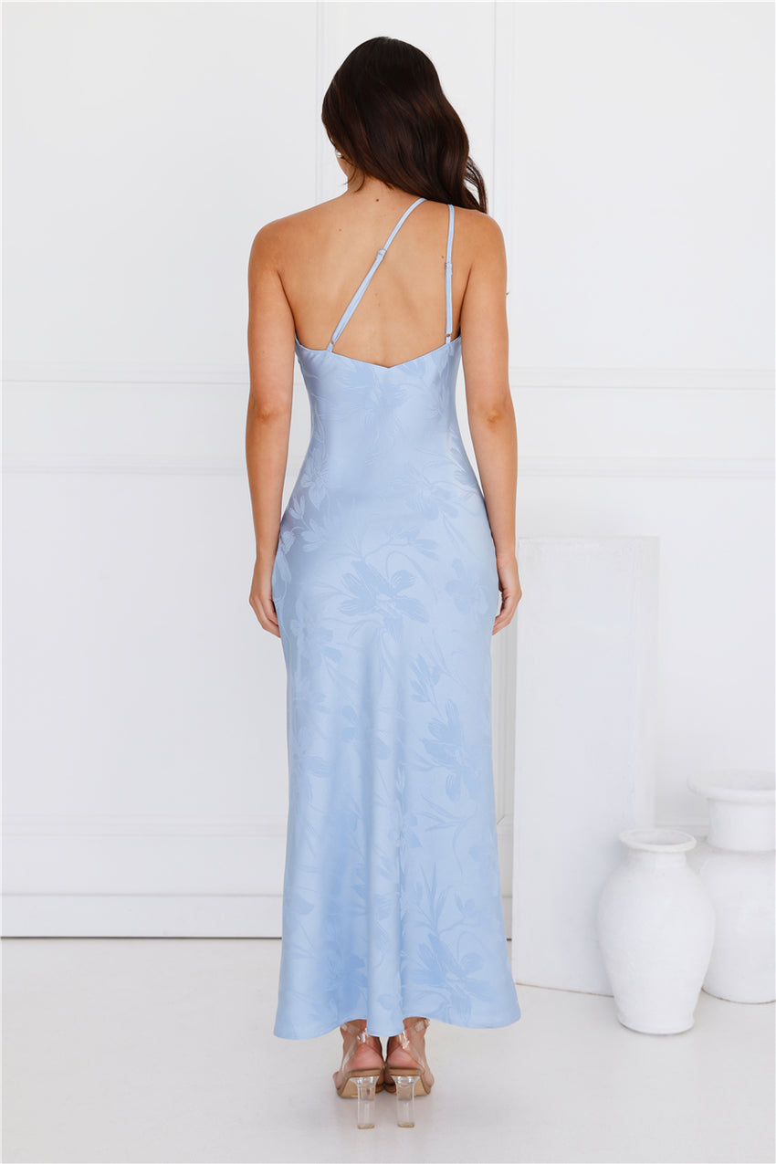 Exotic Bloom One Shoulder Satin Maxi Dress Blue