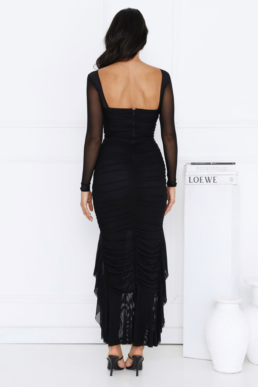 Fashion Exhibition Long Sleeve Mesh Maxi Dress Black