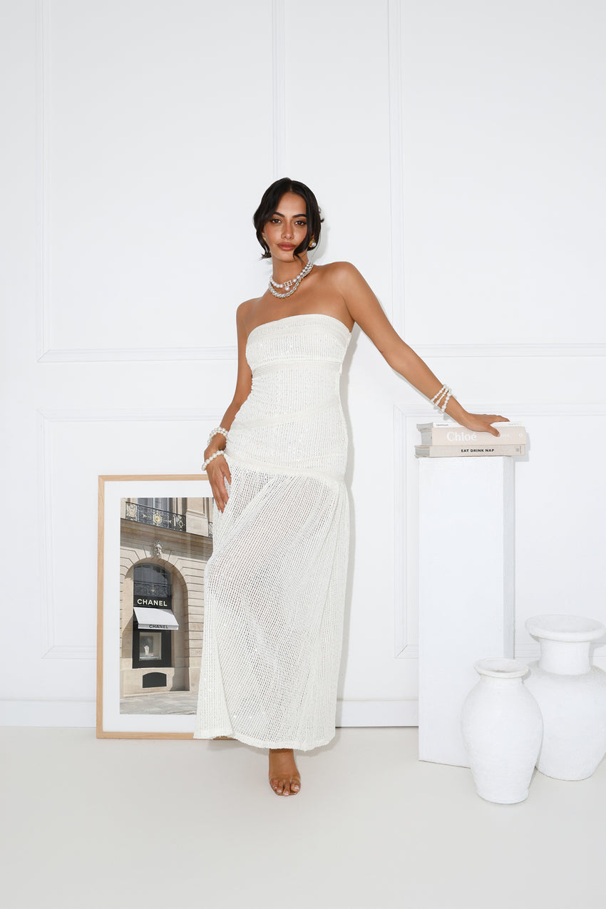Beach Shimmer Strapless Knit Midi Dress Cream