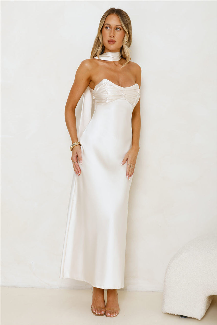 Be Noticed Strapless Satin Maxi Dress Champagne