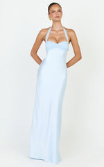 Flynn Maxi Dress - Satin Halter Sweetheart Neck Dress in Blue