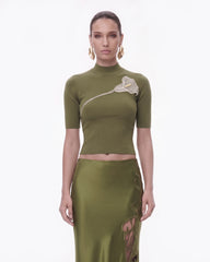 3D Floral Mock-Neck Knit Crop Top - Olive Green
