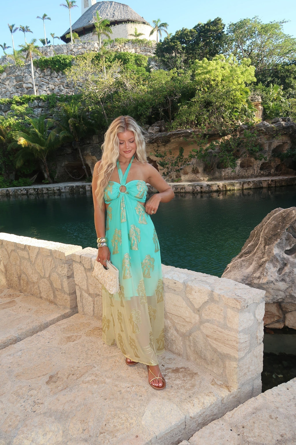 Brianna Halter Dress-Aqua/Gold